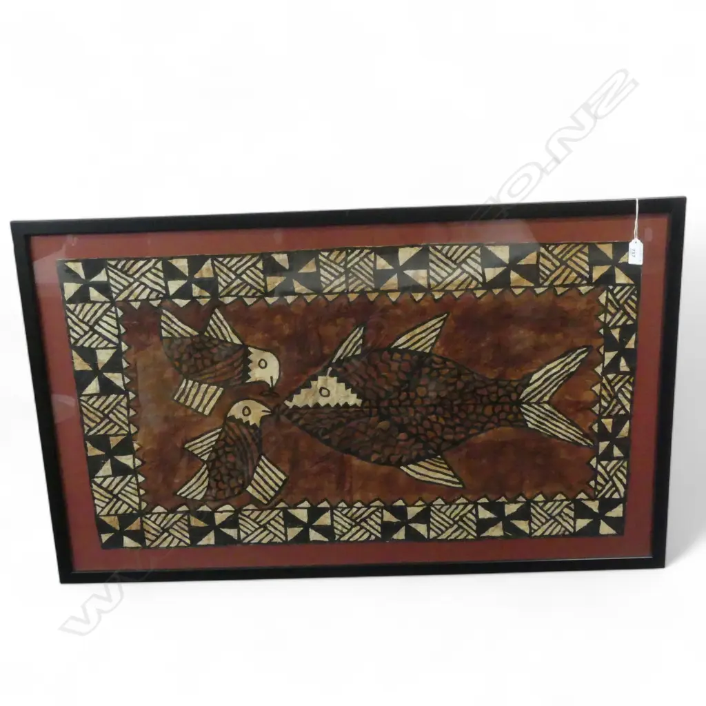 FRAMED TAPA CLOTH, BIRDS, FISH & GRID SURROUND Image 1++