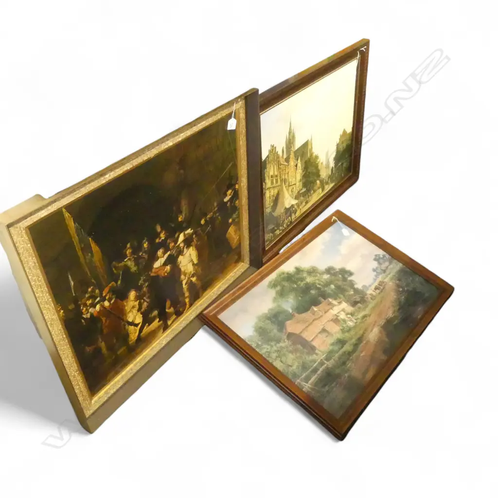 THREE DECORATIVE FRAMED PRINTS INCL REMBRANDT NIGHT WATCH AND ROBERT GALLON ENGLISH COUNTRYSIDE Image 1++