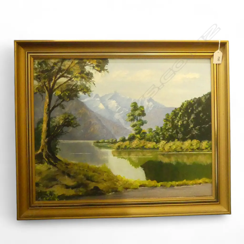 R. RAMSAY 'A SOUTH ISLAND LAKE' OIL ON BOARD 1980 390x495mm Image 1++