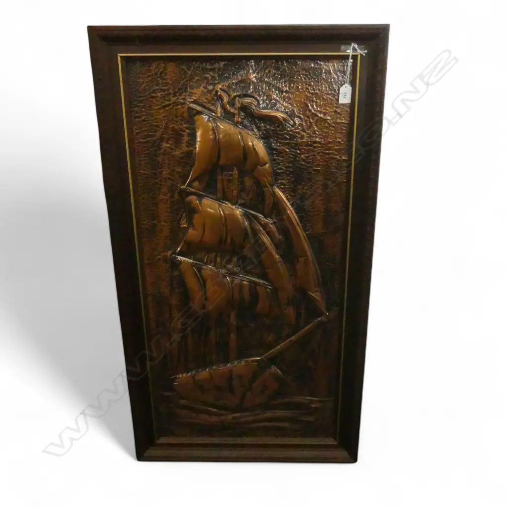 MID CENTURY BEATEN COPPER PANEL OF A SHIP IN RELIEF Image 1++