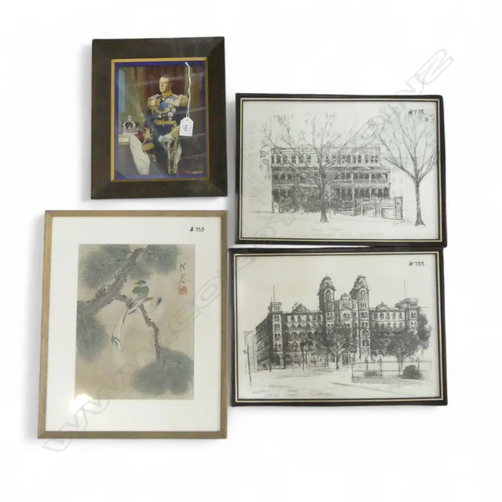4 ARTWORKS; 2 PRINTS OF MELBOURNE 260x370mm, ORIENTAL BIRDS ON FABRIC, EDWARD VIII Image 1++