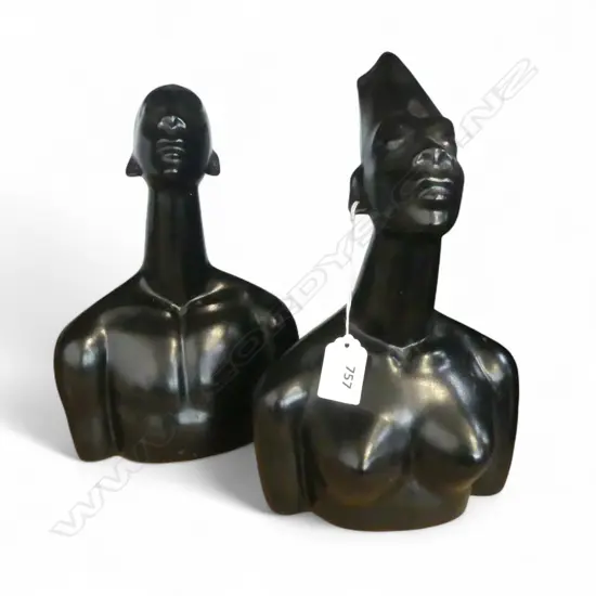 2 BLACK CERAMIC AFRICAN BUSTS H.270mm - MADE IN CAL. USA