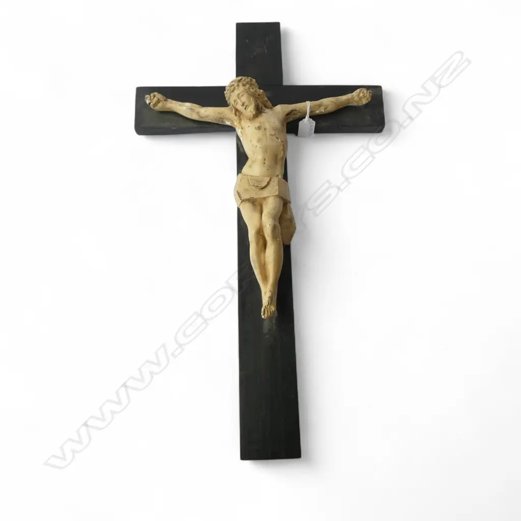 VINTAGE WOODEN CRUCIFIX w. PLASTER JESUS (repairs) H.650mm Image 1++