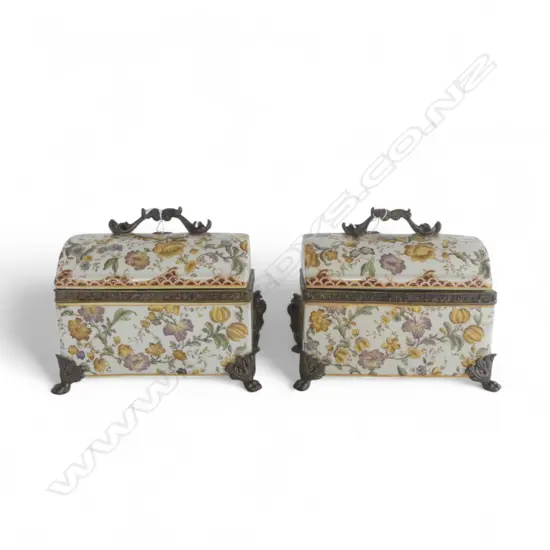 PAIR OF 20TH C PORCELAIN LIDDED BOXES WITH GILT HANDLES AND FEET 200 X 230 mm (each)