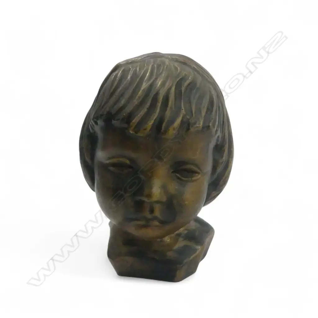 PLASTER CHILDS HEAD w. PAINTED BRONZE FINISH H.155mm Image 1++