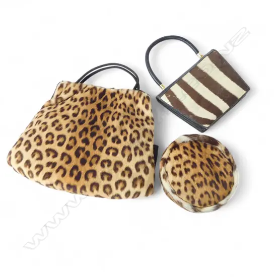 2 VINTAGE ANIMAL HIDE HAND BAGS (LEOPARD & ZEBRA) + PILLBOX HAT 200mm dia
