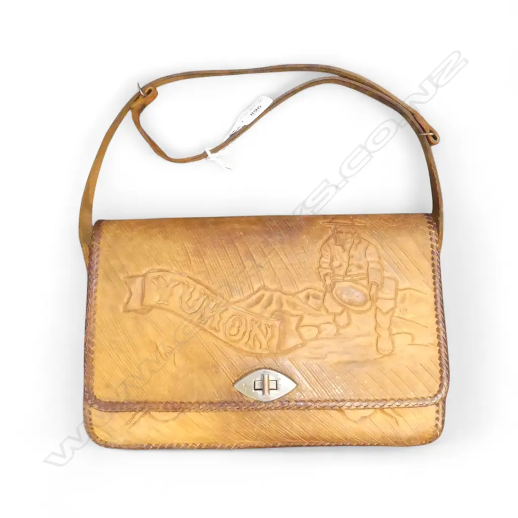 VINTAGE hand made 'YUKON' CARVED LEATHER HAND BAG man panning gold + roses Image 1++