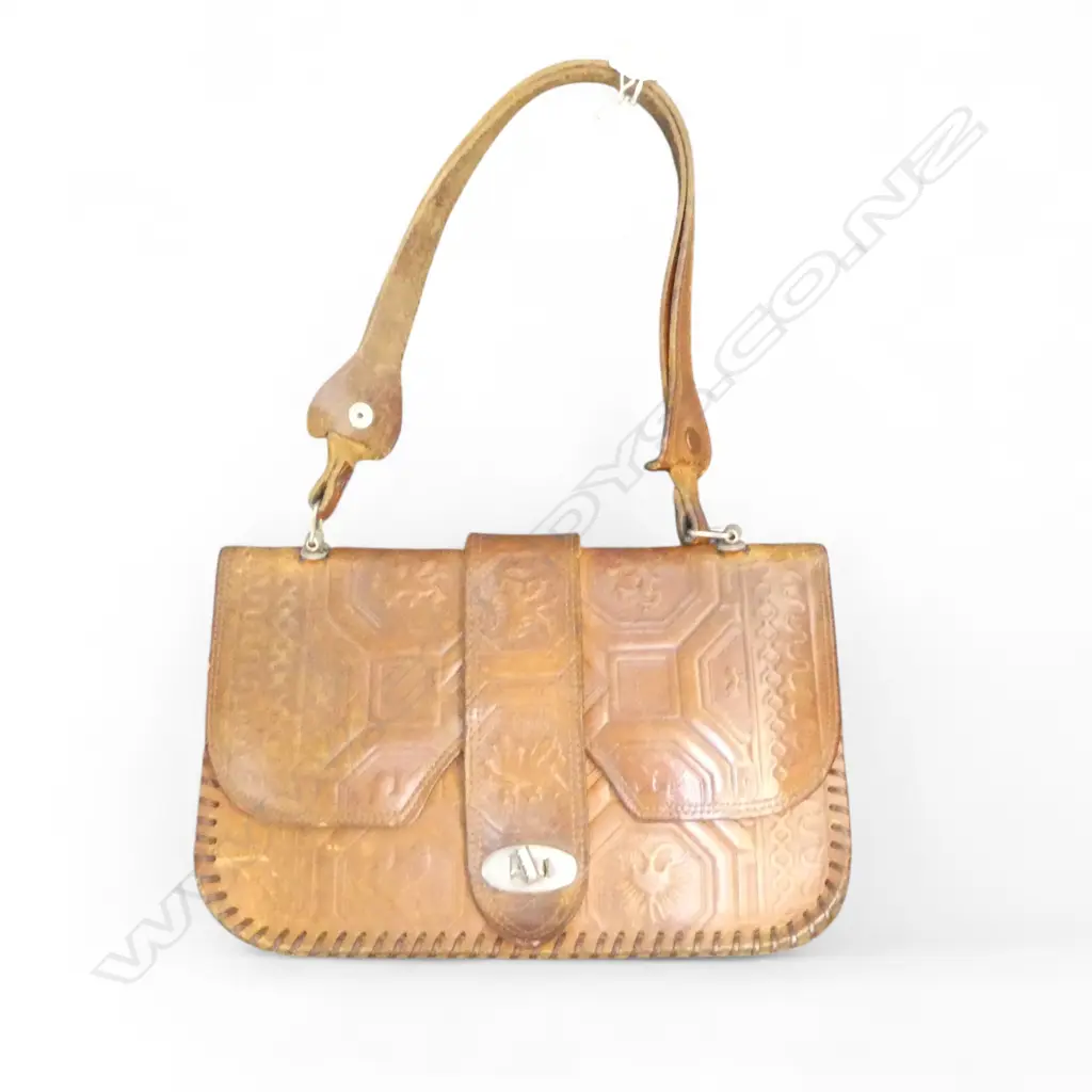 VINTAGE HAND MADE PRESSED PATTERN LEATHER HANDBAG: dragon + Pegasus + standing lions etc. Image 1++