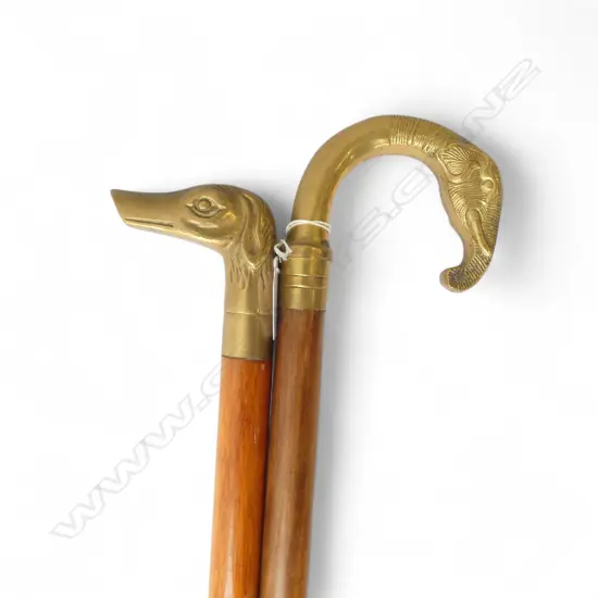 2 BRASS ANIMAL HANDLED HANDLED WALKING STICKS: ELEPHANT & DOG