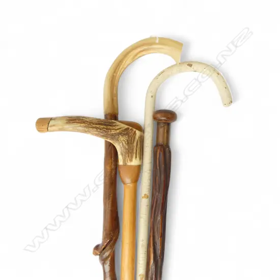 4 WOODEN  WALKING STICKS handles of: antler + horn + knob w brass collar + 1 painted white