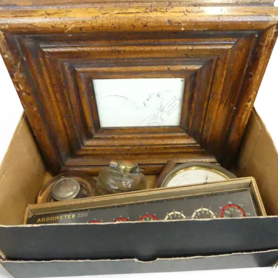 2 INKWELLS, PR WOODEN FRAMES, ANEROID BAROMETER 125mm dia, ADDOMETER RULER IN ORIG. BOX