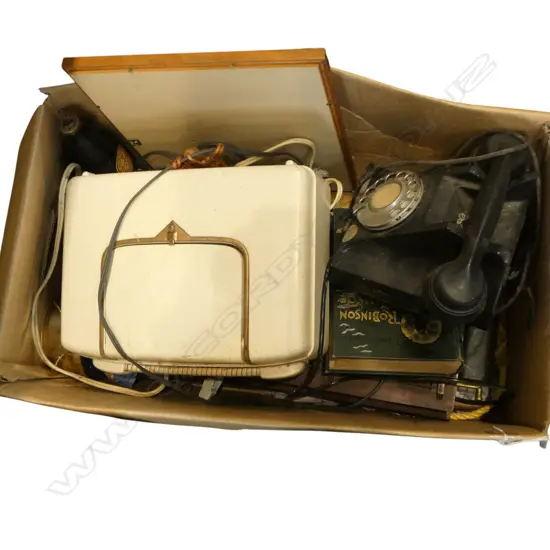 BOX LOT VINTAGE BLACK TELEPHONE  VINTAGE RADIO ETC