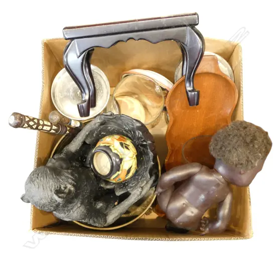 ASST. DECORATIVE ITEMS; DOLL, BLACK RESIN MONKEY, HURRICANE LAMPS ETC