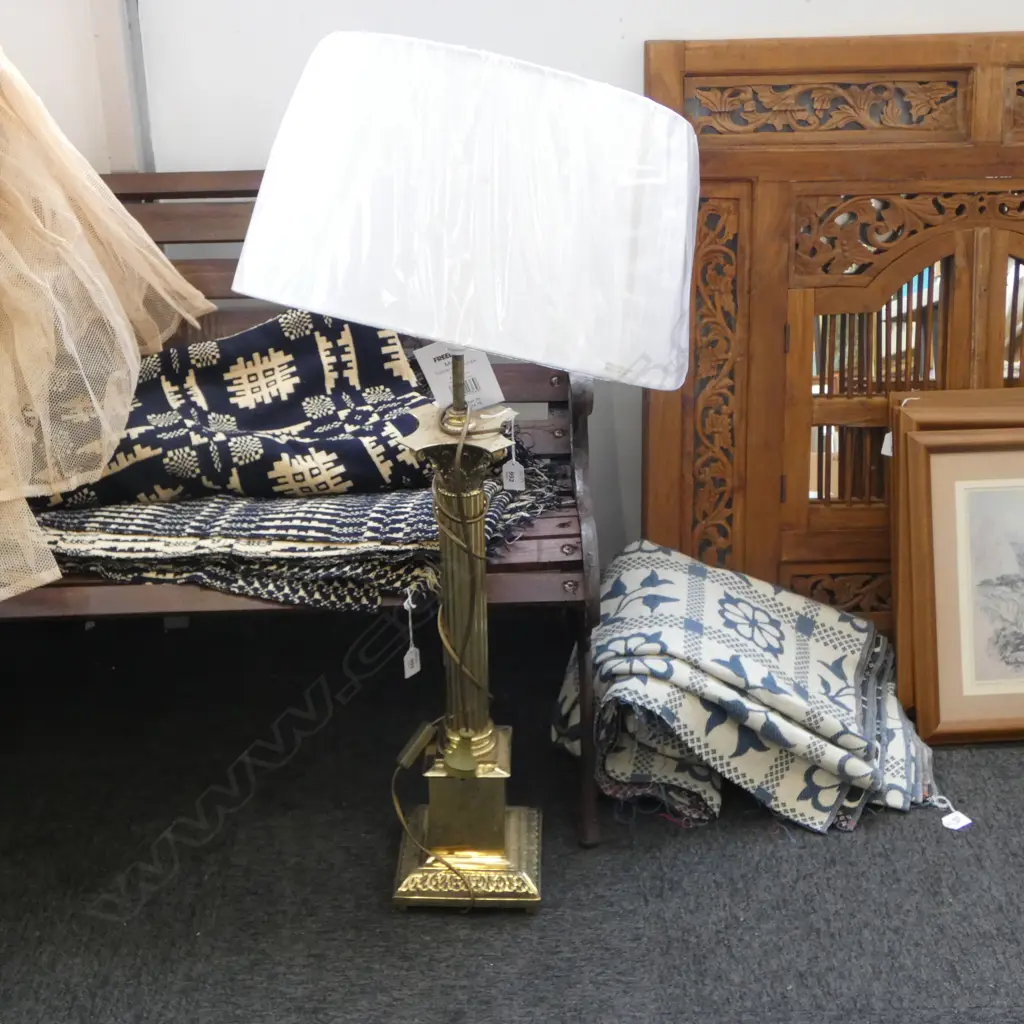 BRASS COLUMN TABLE LAMP H.740mm w. shade Image 1++