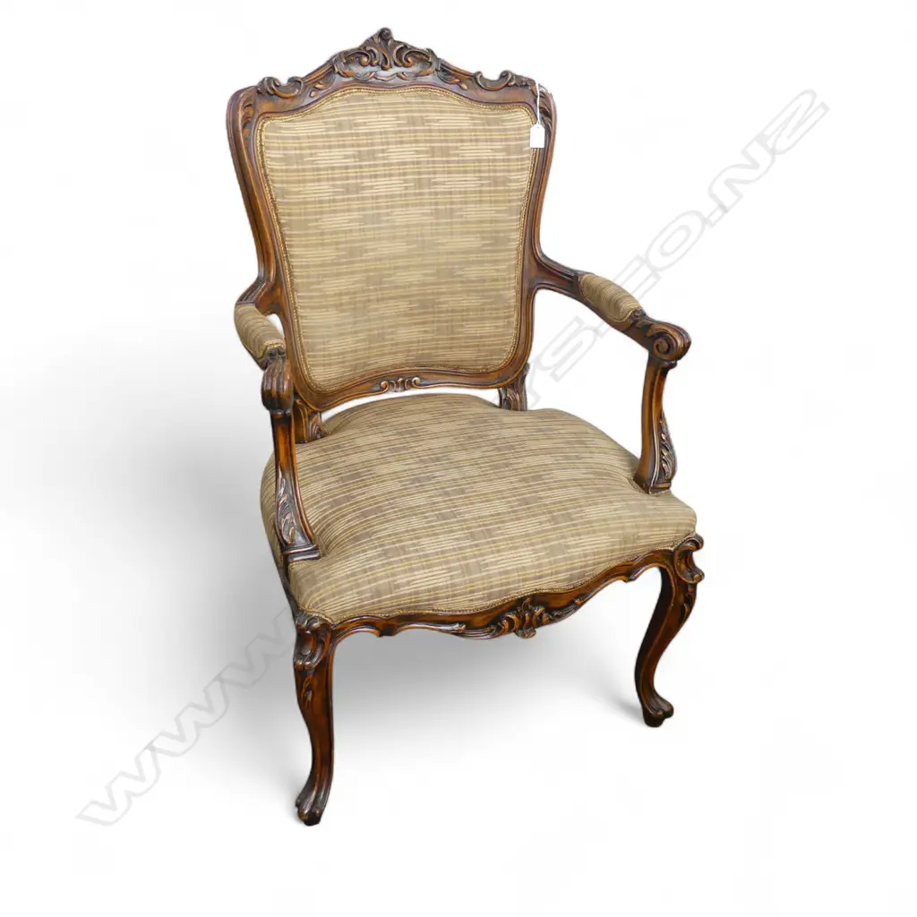 MID 20thC FRENCH FAUTEUIL ARMCHAIR classically carved frame. Gold patterned silk? upholstery Image 1++