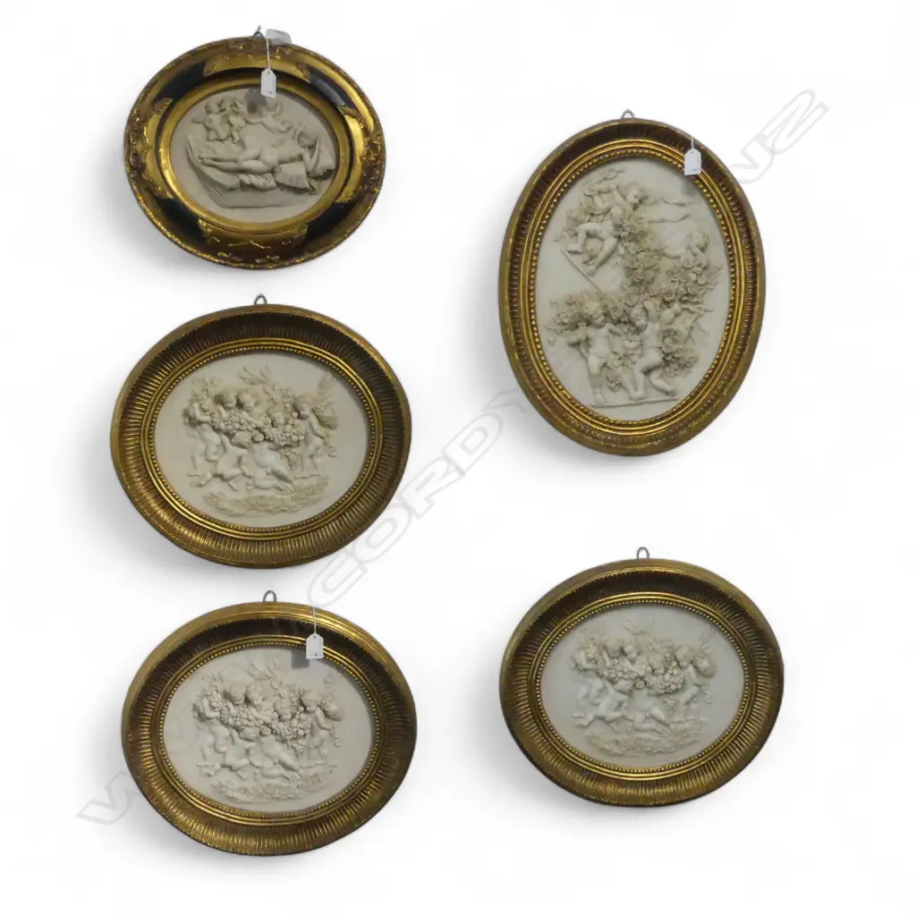 FIVE DECORATIVE COMPOSITE PANELS DEPICTING PUTTI AND NUDES ALL IN GILT FRAMES (500 X 380mm largest piece) Image 1++