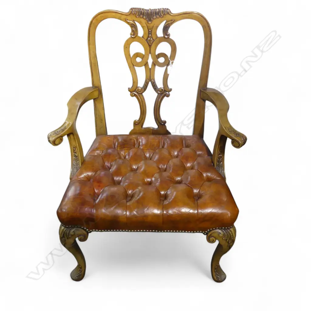 CHIPPENDALE STYLE ARMCHAIR, BUTTONED LEATHER SEAT Image 1++