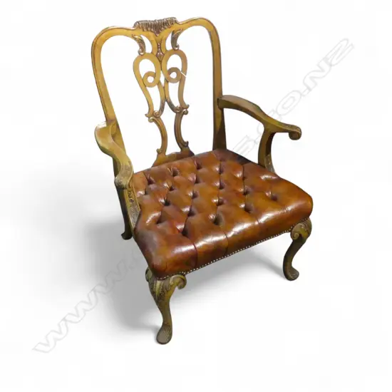 CHIPPENDALE STYLE ARMCHAIR, BUTTONED LEATHER SEAT
