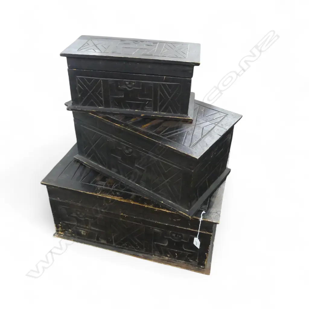 THREE GRADUATED CARVED BOXES 385x570x260mm aztec style motif Image 1++