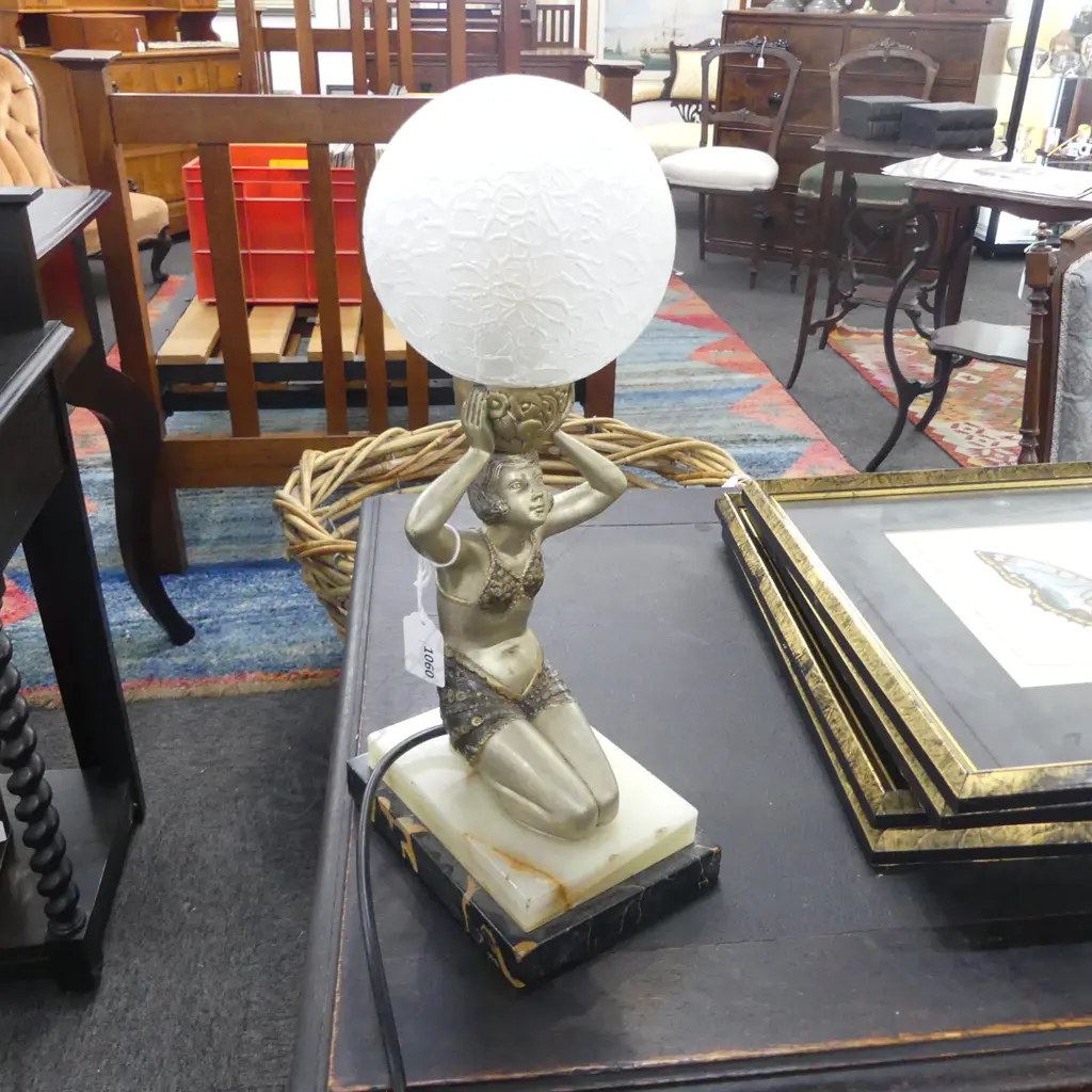 FRENCH ART DECO TABLE LAMP; METAL FIGURE, MARBLE & ONYX BASE H.355mm Image 1++