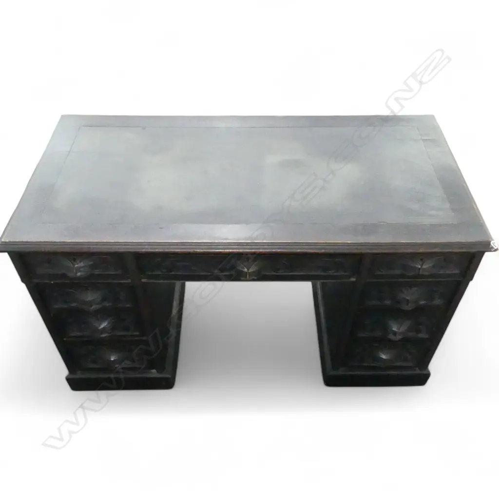 EBONISED OAK TWIN PEDESTAL DESK w. GREENMAN HANDLES 1200x600x720mm Image 1++