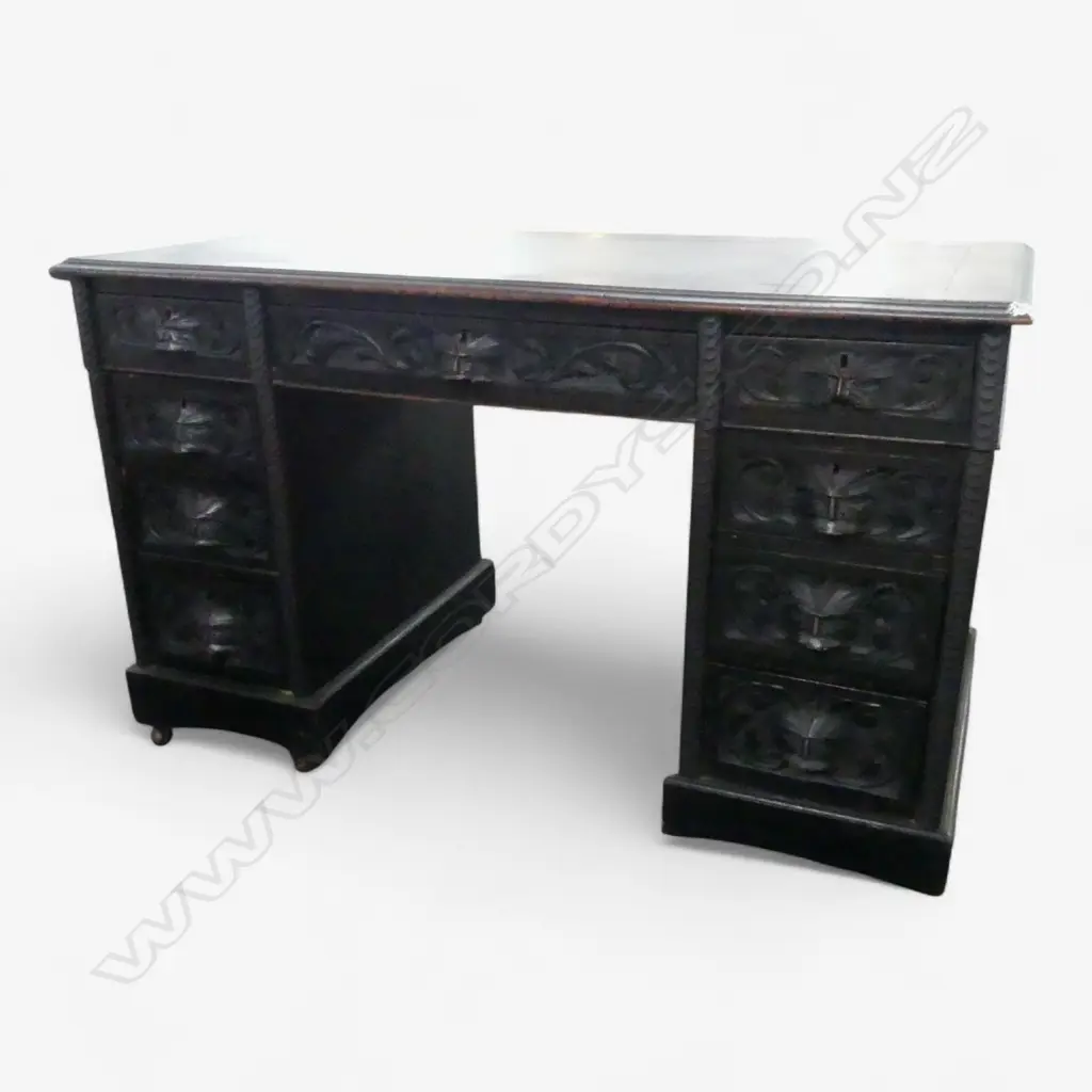 EBONISED OAK TWIN PEDESTAL DESK w. GREENMAN HANDLES 1200x600x720mm Image 1++