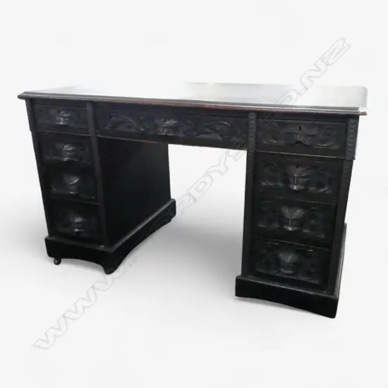 EBONISED OAK TWIN PEDESTAL DESK w. GREENMAN HANDLES 1200x600x720mm