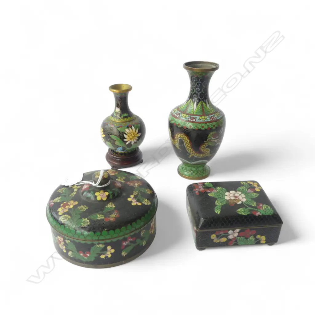 4 PCES CLOISONNE; 2 LIDDED CONTAINERS 125mm dia, 2 VASES H.165mm Image 1++