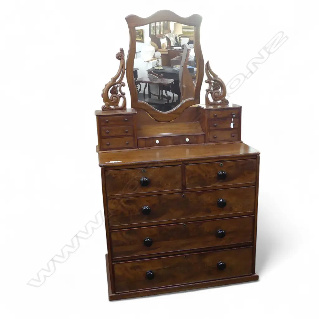 VICTORIAN COMBINATION FLAME MAHOGANY CHEST / DRESSING TABLE 1100x550x1920mm Image 1++