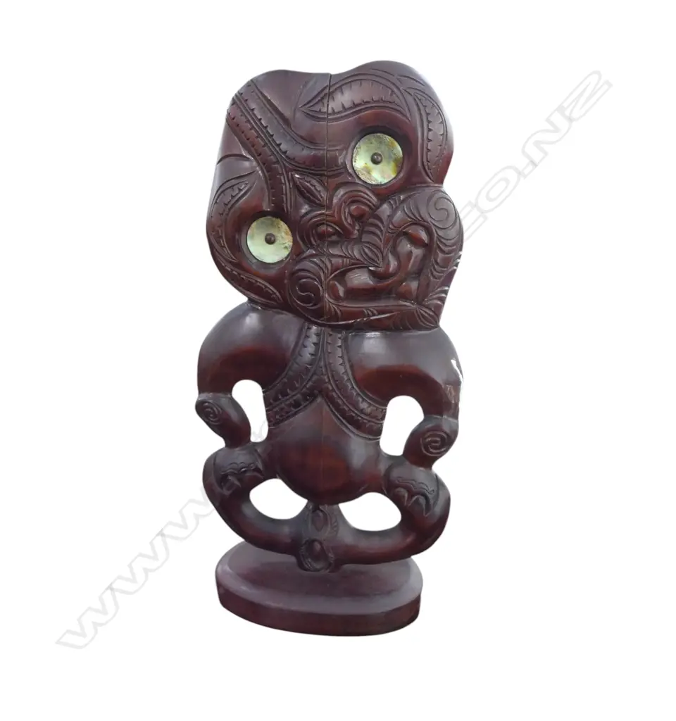LG MAORI TIKI STAMPED VERSO 'CARVED IN ROTORUA NEW ZEALAND' H. 590mm SPLIT DOWN MIDDLE Image 1++