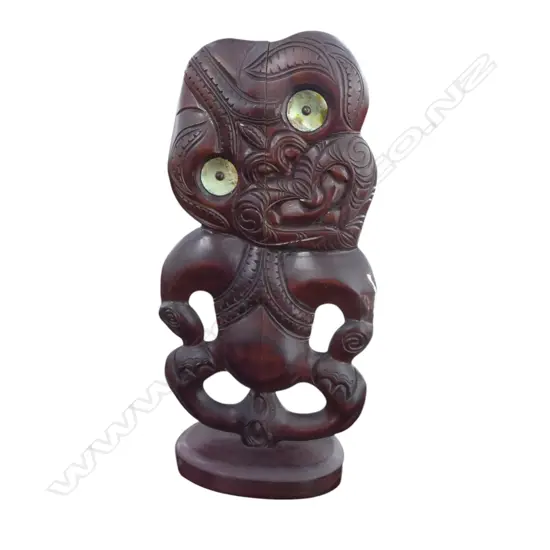 LG MAORI TIKI STAMPED VERSO 'CARVED IN ROTORUA NEW ZEALAND' H. 590mm SPLIT DOWN MIDDLE