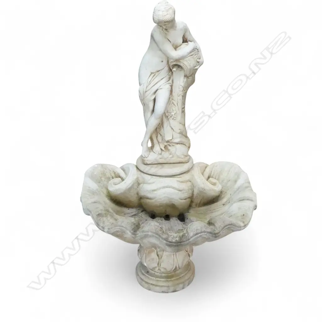 LGE CONCRETE GARDEN MAIDEN FIGURED WATER FOUNTAIN with large scalloped shell form base. On stand. H.1455mm. Image 1++