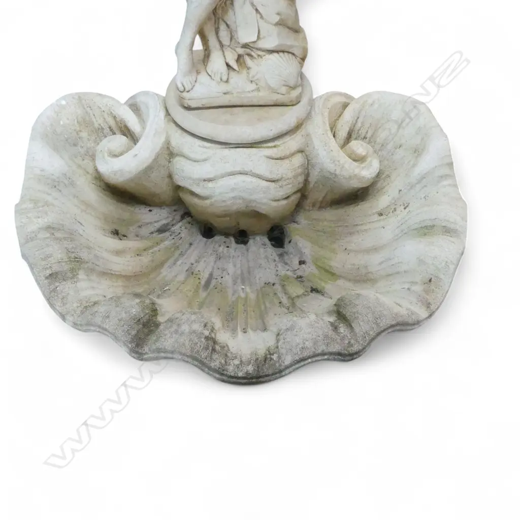 LGE CONCRETE GARDEN MAIDEN FIGURED WATER FOUNTAIN with large scalloped shell form base. On stand. H.1455mm. Image 1++