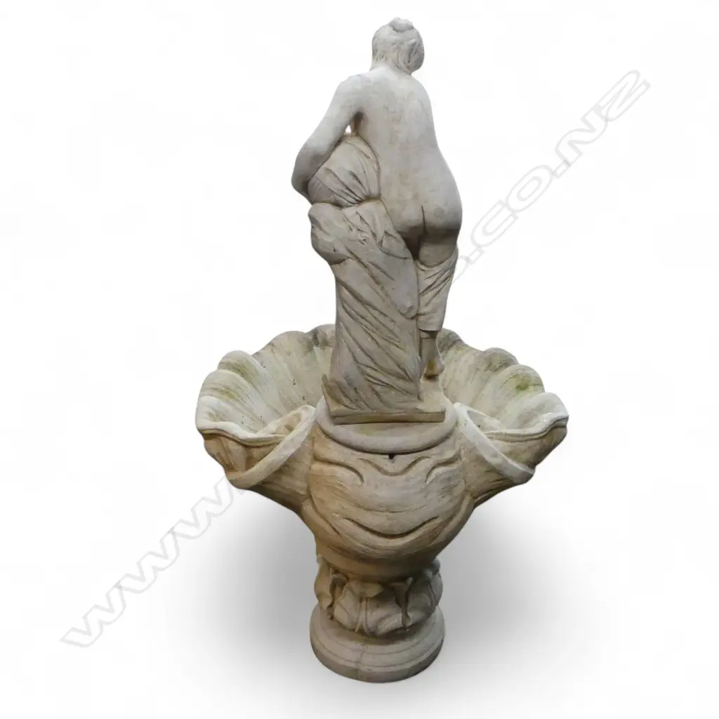 LGE CONCRETE GARDEN MAIDEN FIGURED WATER FOUNTAIN with large scalloped shell form base. On stand. H.1455mm. Image 1++