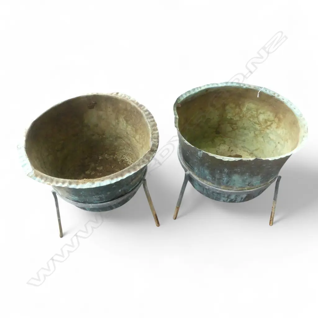2 old copper wash house coppers planters in tripod ring stands Image 1++