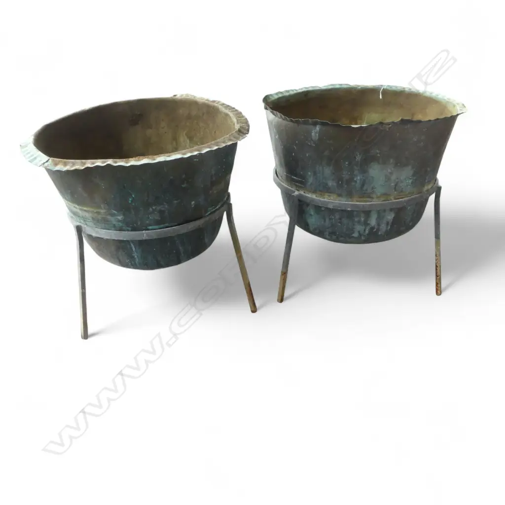 2 old copper wash house coppers planters in tripod ring stands Image 1++