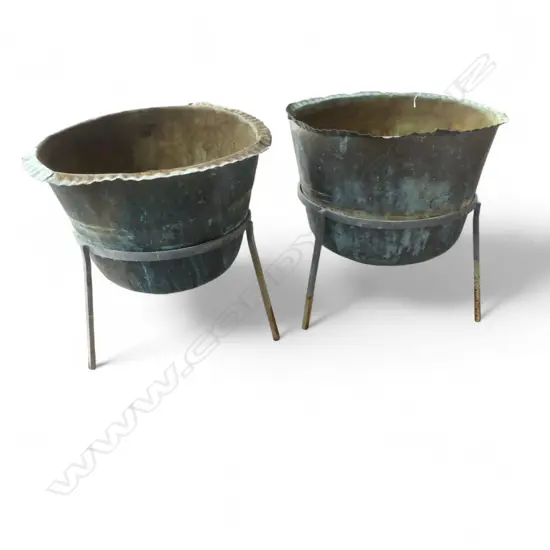 2 old copper wash house coppers planters in tripod ring stands