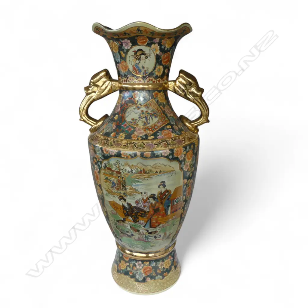 PAIR OF LARGE MODERN CHINESE SATSUMA VASES. Panels with Geisha & figures on lake. Polychrome w gilt highlights. H.1100mm Image 1++