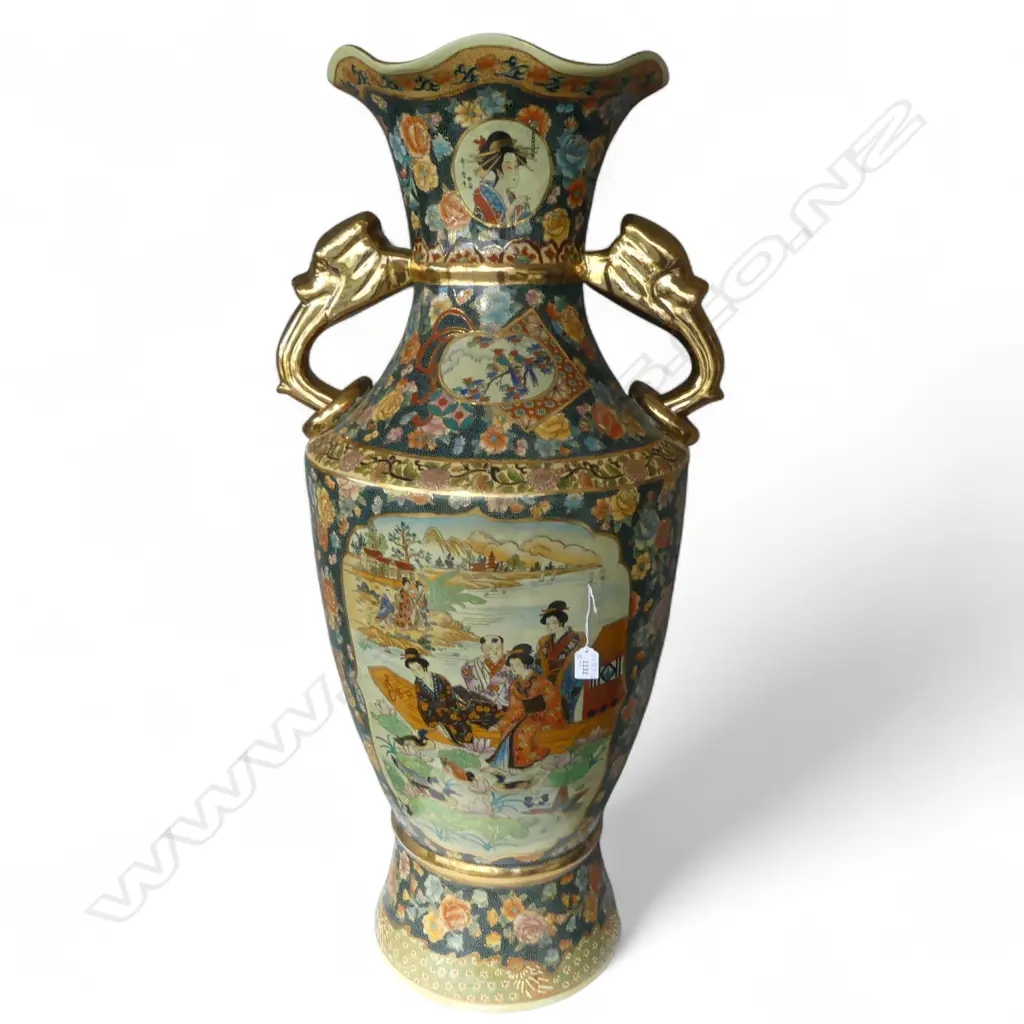 PAIR OF LARGE MODERN CHINESE SATSUMA VASES. Panels with Geisha & figures on lake. Polychrome w gilt highlights. H.1100mm Image 1++
