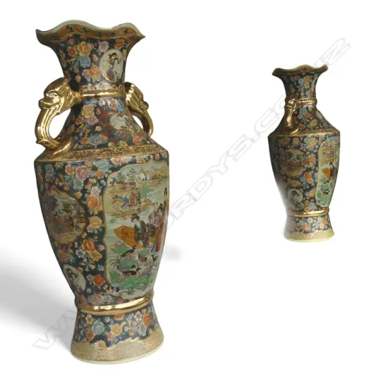 PAIR OF LARGE MODERN CHINESE SATSUMA VASES. Panels with Geisha & figures on lake. Polychrome w gilt highlights. H.1100mm
