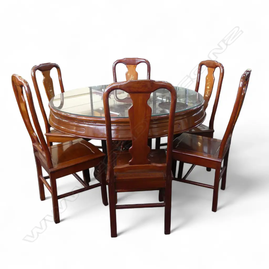 CHINESE TEAK ROUND pedestal column TABLE & 6 CHAIRS with mother of pearl inlaid backs. Table w glass top. Dia.1200mm Image 1++