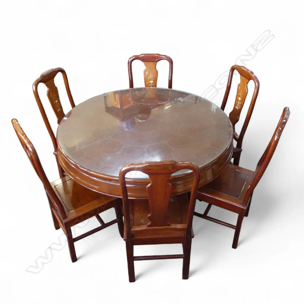 CHINESE TEAK ROUND pedestal column TABLE & 6 CHAIRS with mother of pearl inlaid backs. Table w glass top. Dia.1200mm Image 1++