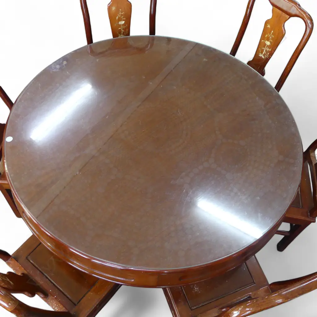 CHINESE TEAK ROUND pedestal column TABLE & 6 CHAIRS with mother of pearl inlaid backs. Table w glass top. Dia.1200mm Image 1++