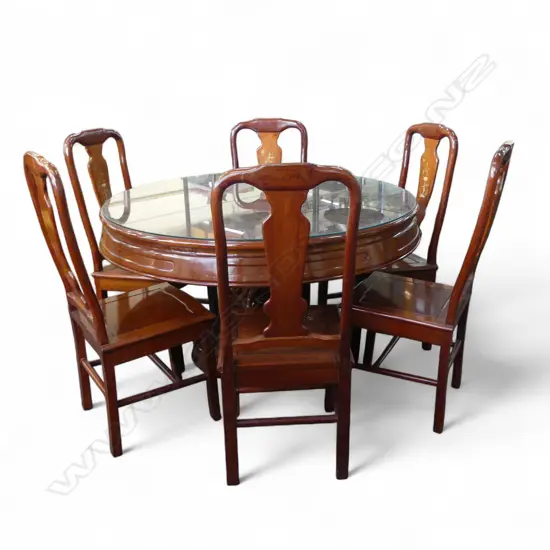CHINESE TEAK ROUND pedestal column TABLE & 6 CHAIRS with mother of pearl inlaid backs. Table w glass top. Dia.1200mm