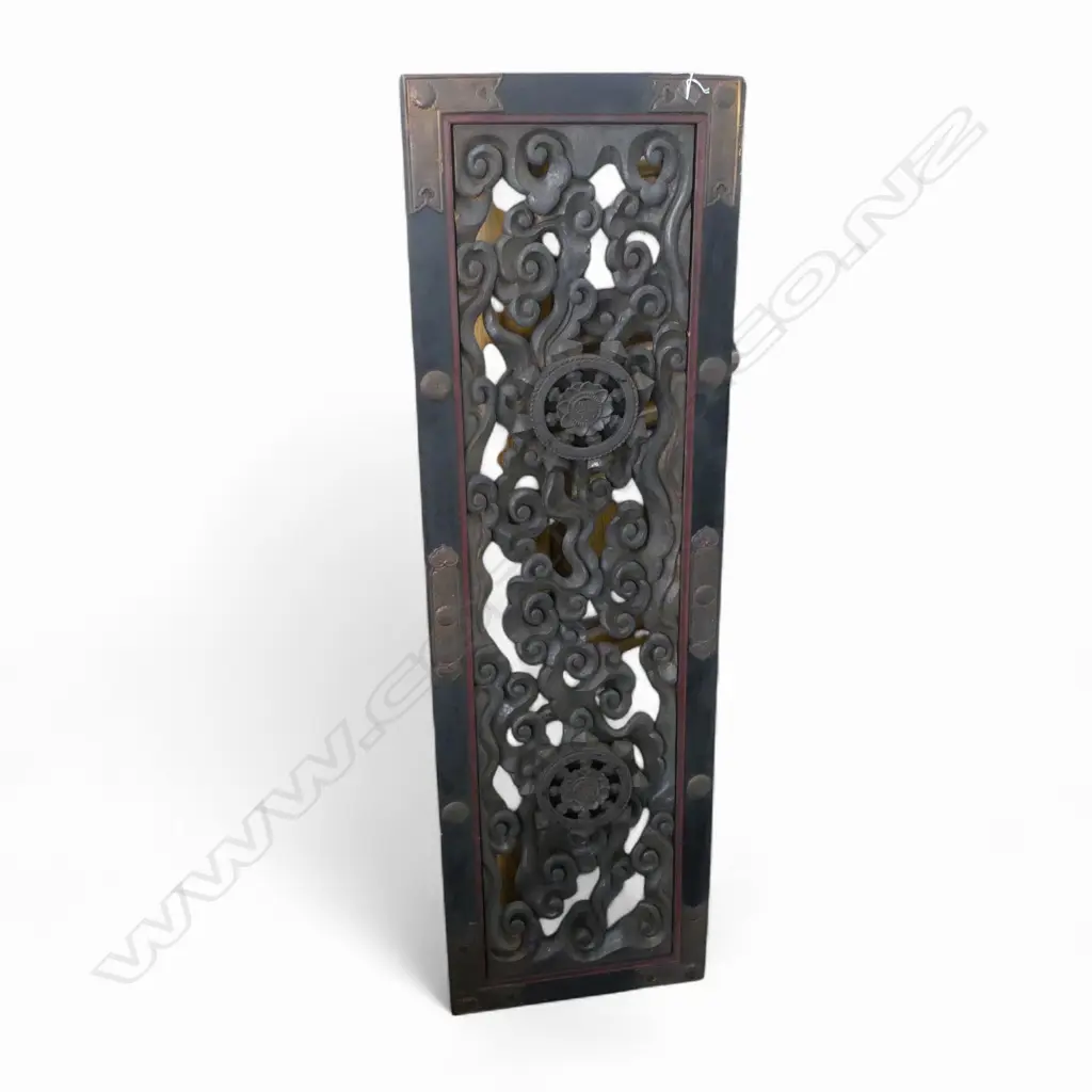 LARGE OLD JAPANESE DEEPLY CARVED & PIERCED PANEL scrolling clouds with 2 raised octagonal bosses  L,1590mm Image 1++