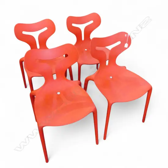 4 MODERN RED PLASTIC DINING CHAIRS; CALLIGARIS 'AREA 51' ITALY