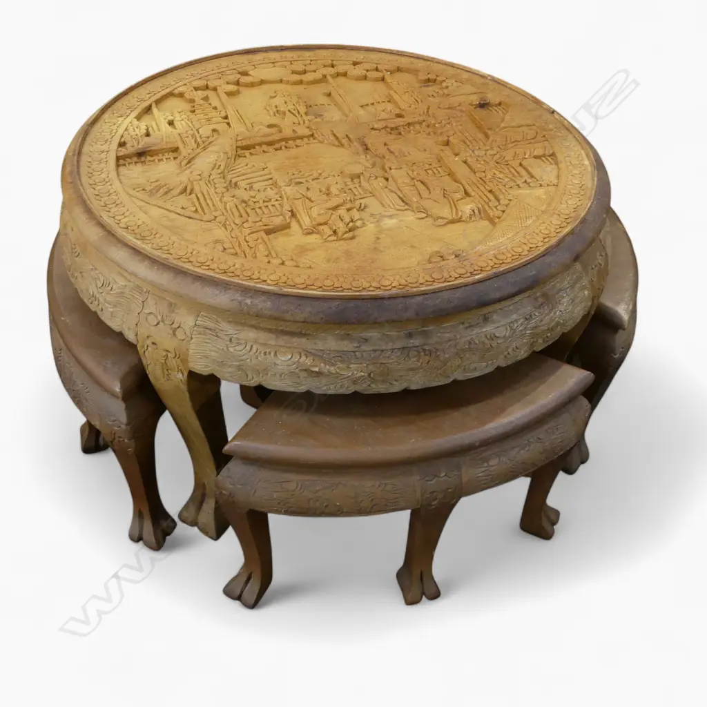VINTAGE CHINESE HARDWOOD ROUND NEST OF 4 TABLES carved top. No glass Dia.800mm Image 1++