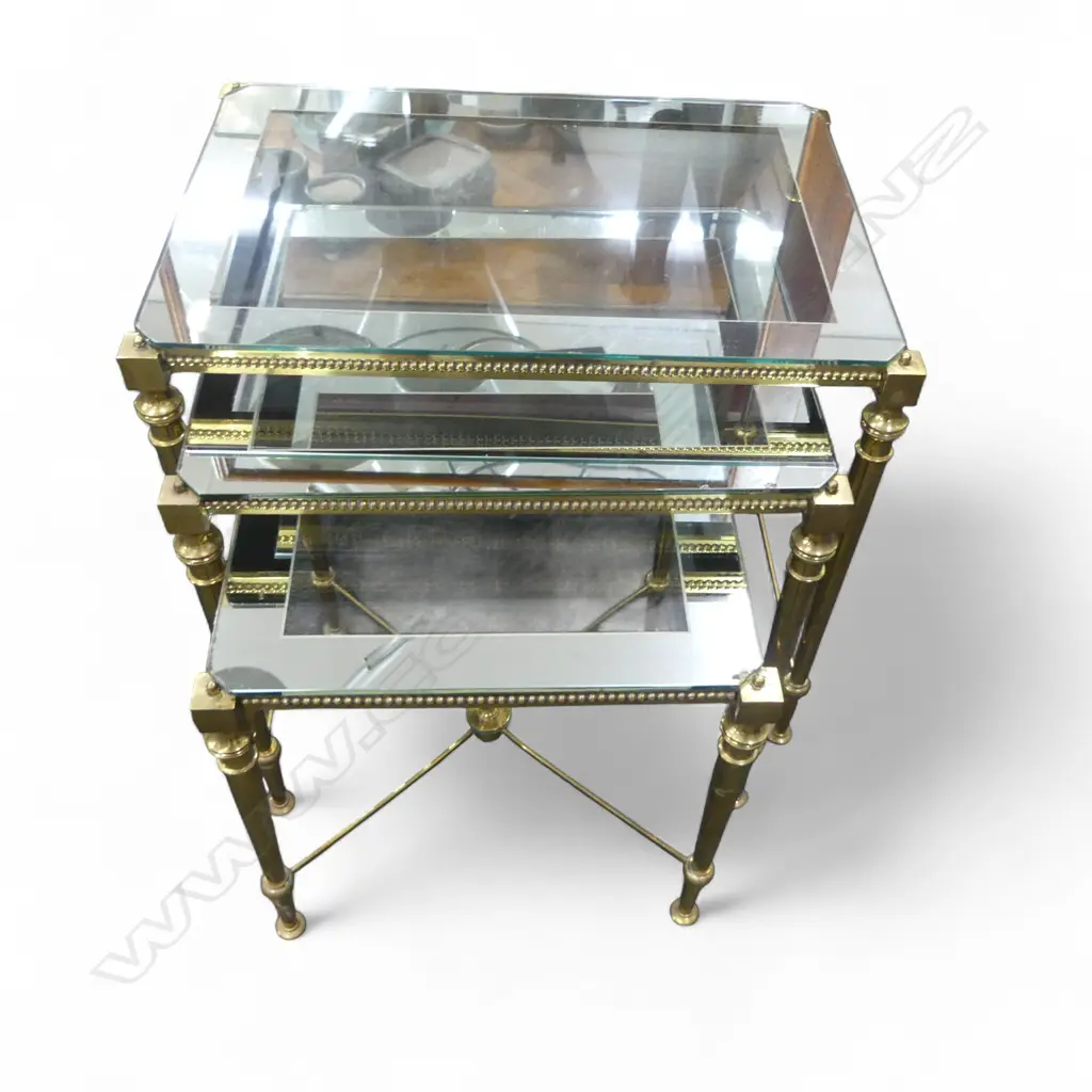 3 GOLD METAL GLASS TOPPED NESTING TABLES W.500mm Image 1++