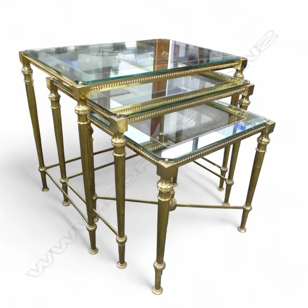 3 GOLD METAL GLASS TOPPED NESTING TABLES W.500mm Image 1++
