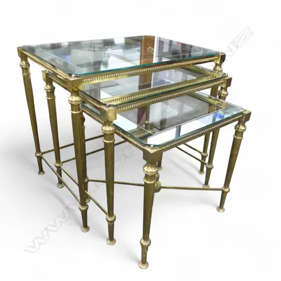 3 GOLD METAL GLASS TOPPED NESTING TABLES W.500mm